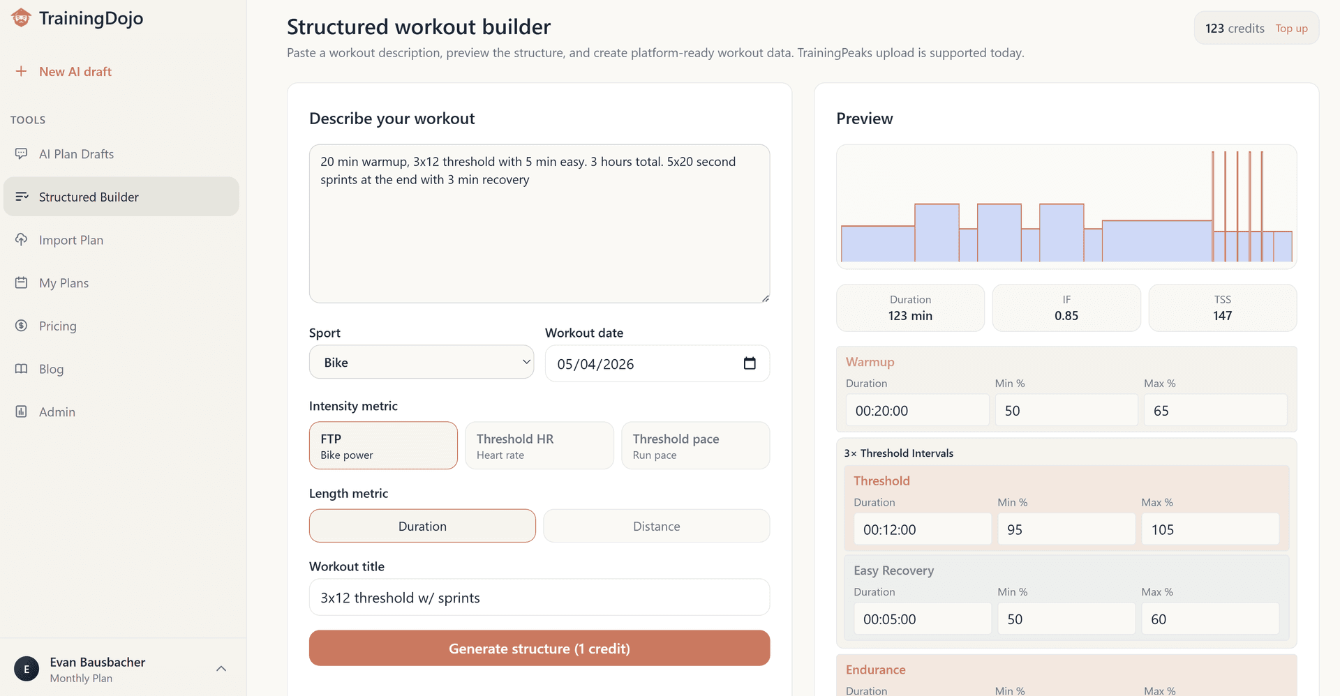 Structured workout preview example