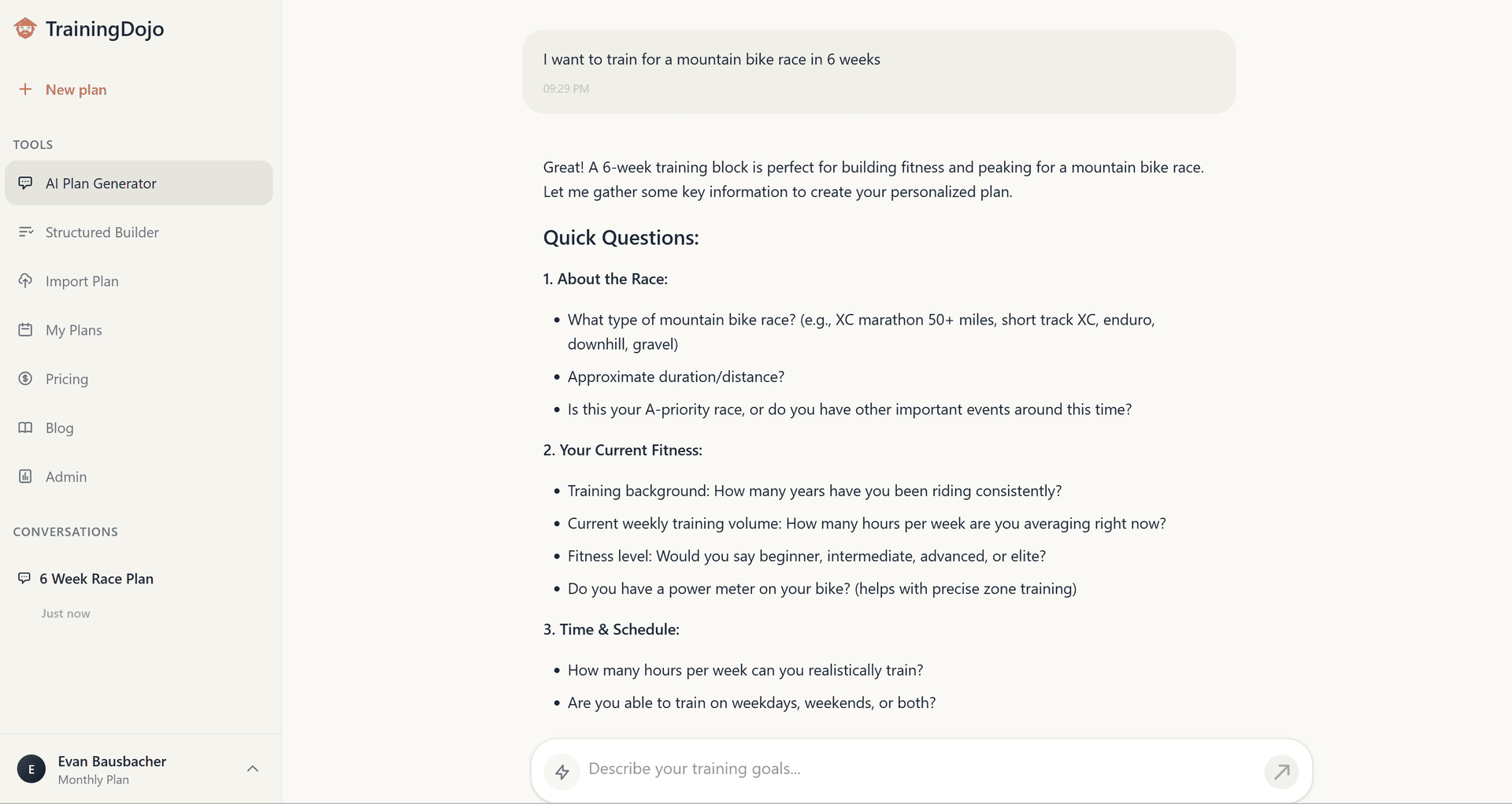 AI training plan generation preview
