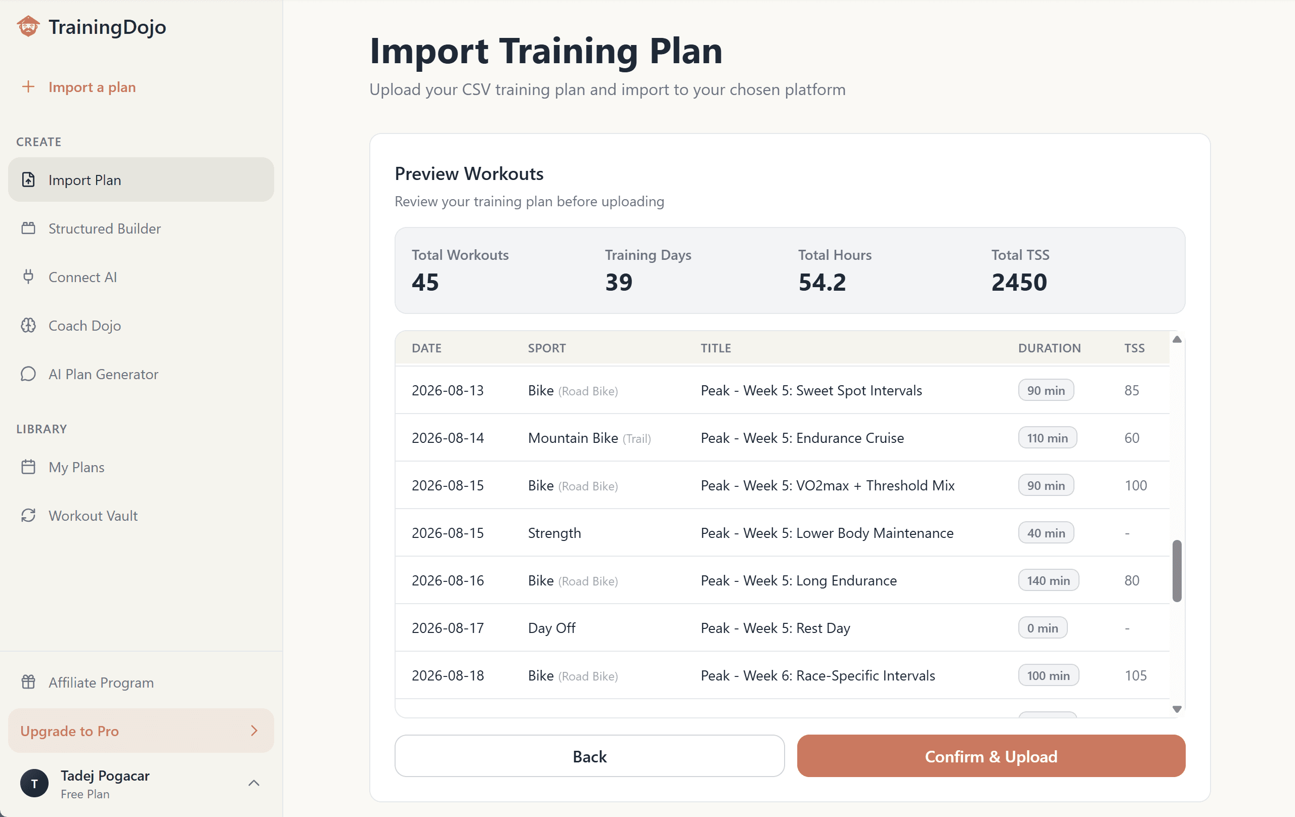 TrainingDojo calendar preview of a published training plan