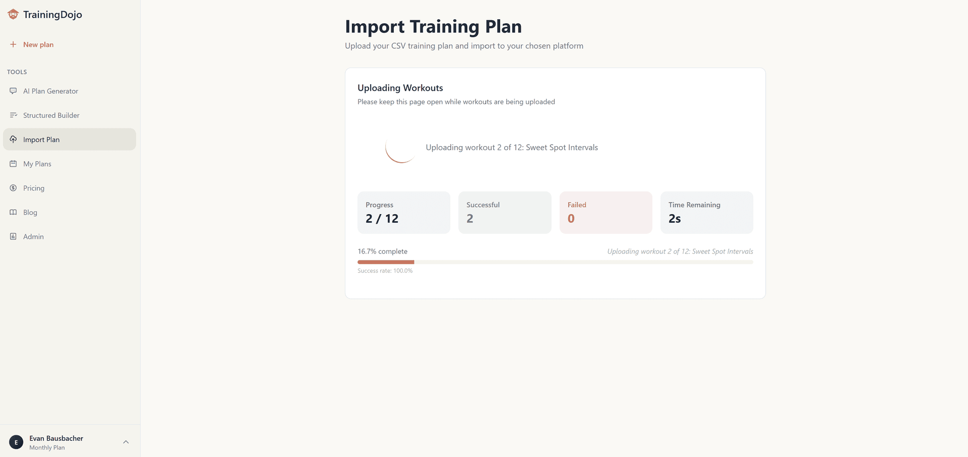 TrainingDojo publishing a training plan to a supported platform