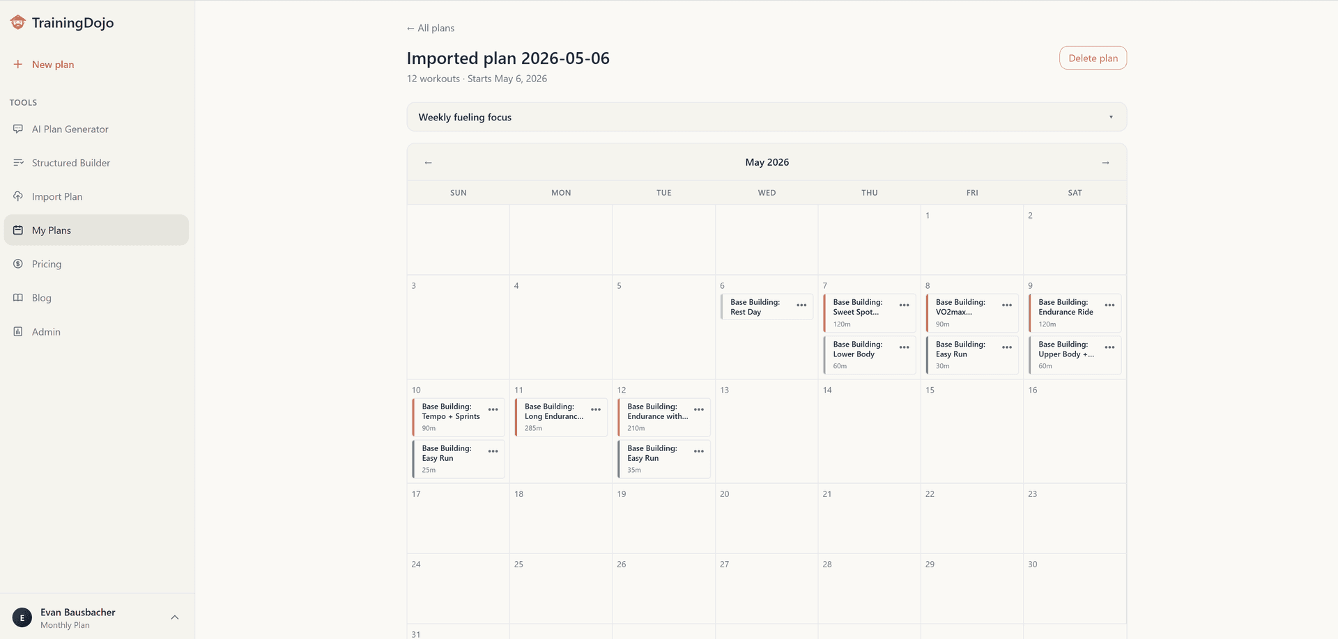 TrainingDojo plan calendar management