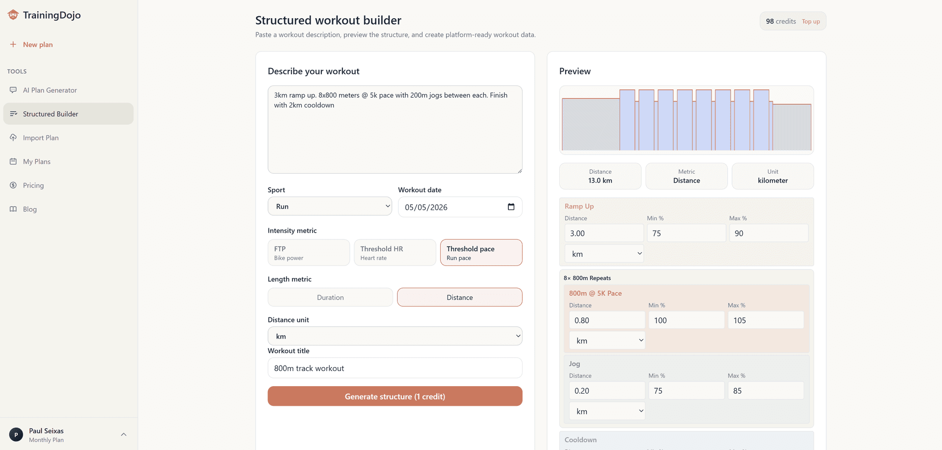 TrainingDojo structured workout builder
