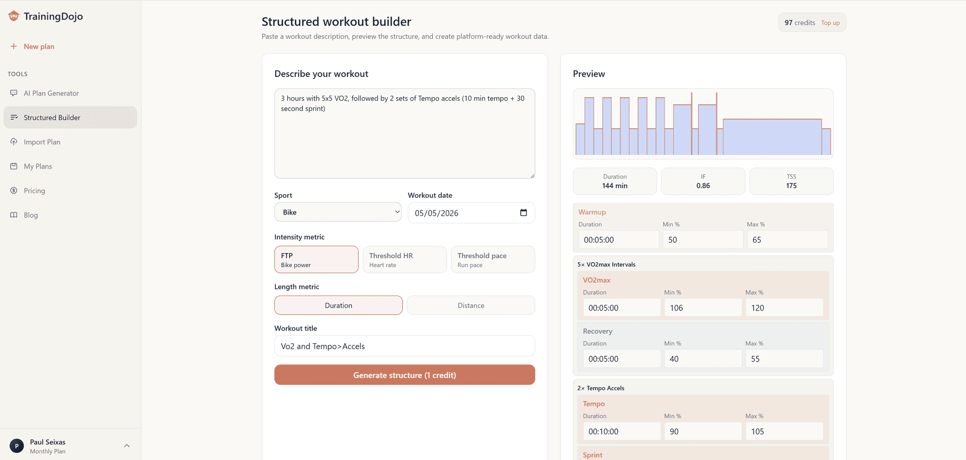 TrainingDojo structured workout editor with interval blocks