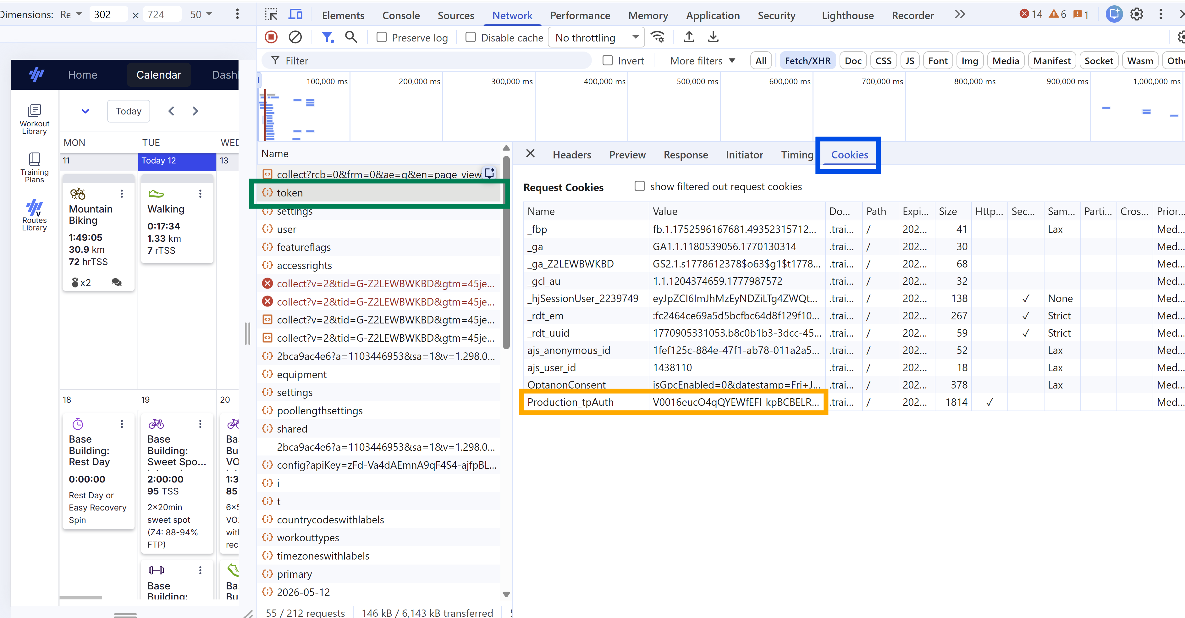 TrainingPeaks token request showing the Production_tpAuth cookie in browser Developer Tools