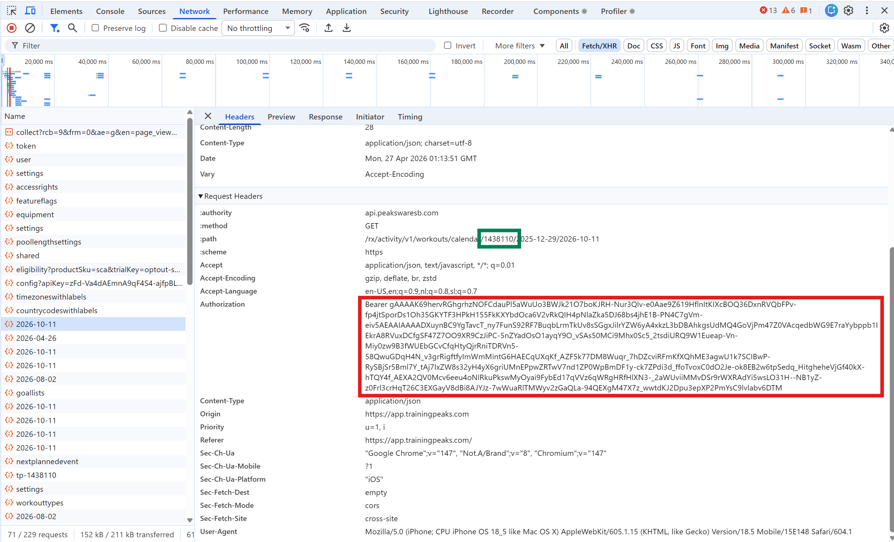 TrainingPeaks network request showing where request headers and request URL appear in browser Developer Tools